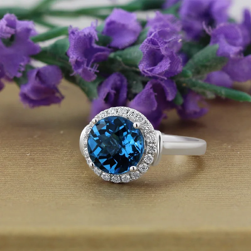 Auriya 3 5/8ct Round London Blue Topaz and Halo Diamond Engagement Ring 1/4ctw 14k Gold