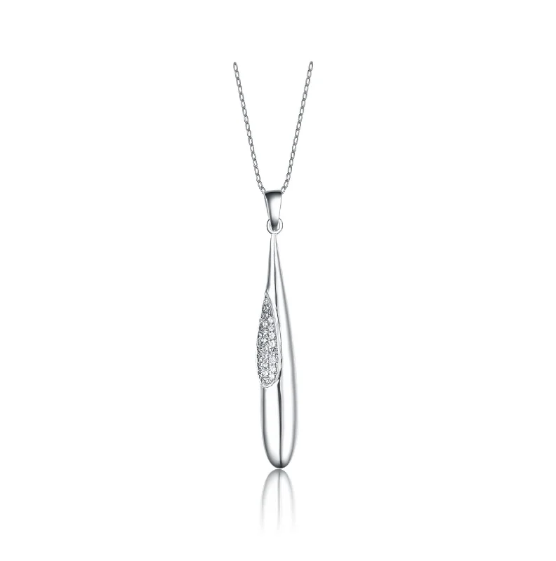 Cubic Zirconia Sterling Silver Rhodium Plated Micro Setting Lond Drop Pendant