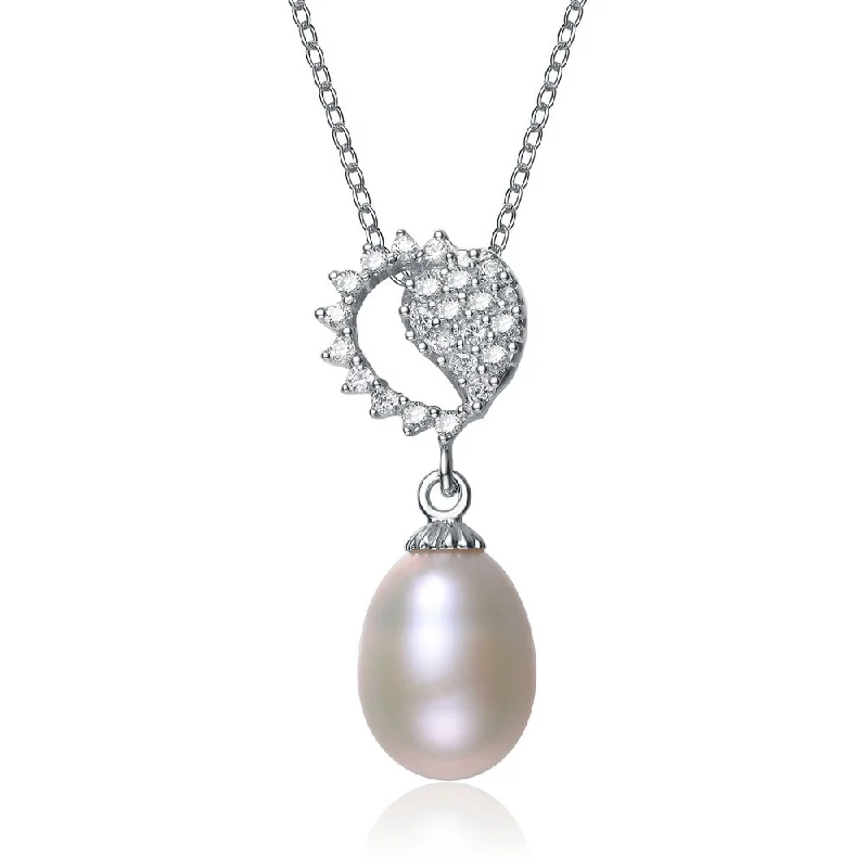 Cubic Zirconia Sterling Silver Rhodium Plated Pearl Drop Pendant