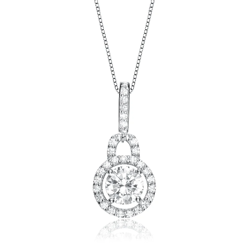 Cubic Zirconia Sterling Silver Rhodium Plated Round Drop Pendant