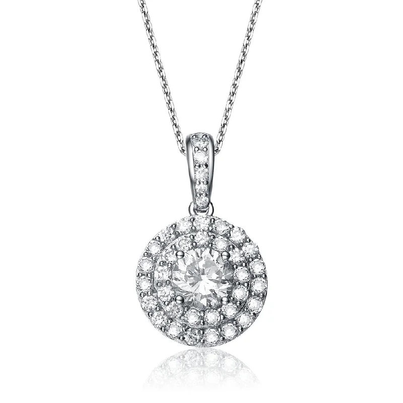 Cubic Zirconia Sterling Silver Rhodium Plated Round Drop Pendant