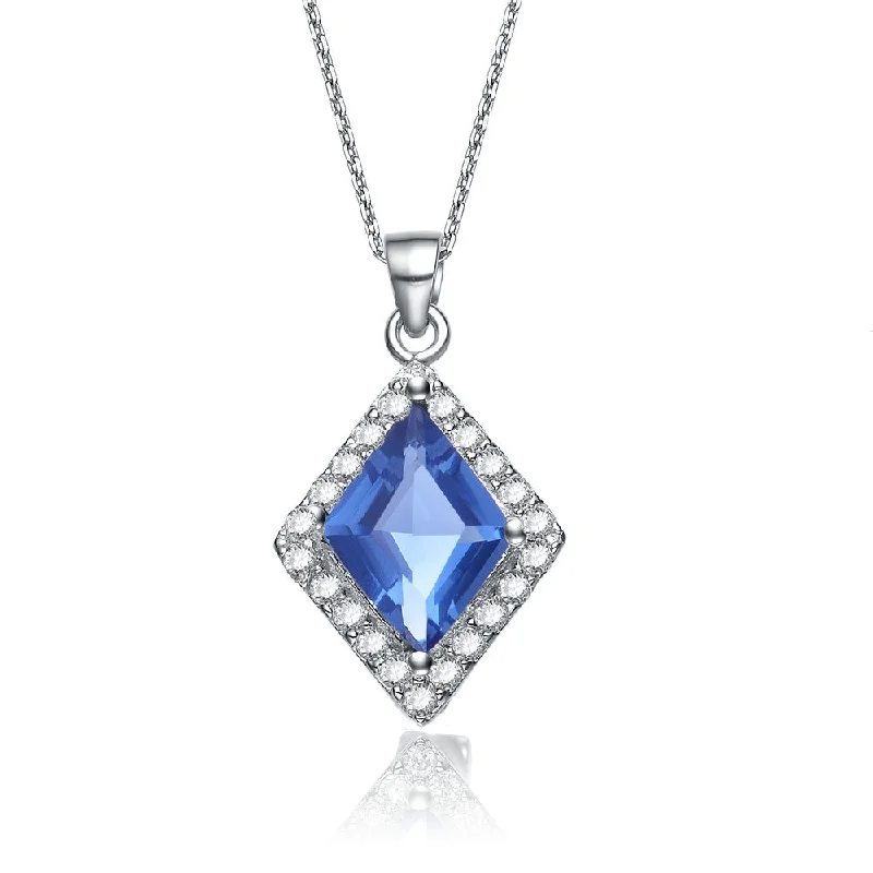 Cubic Zirconia Sterling Silver Rhodium Plated Sapphire Shape Drop Pendant