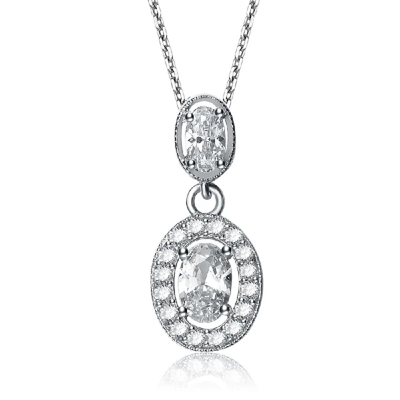 Cubic Zirconia Sterling Silver White Gold Plated Oval Shape Drop Pendant