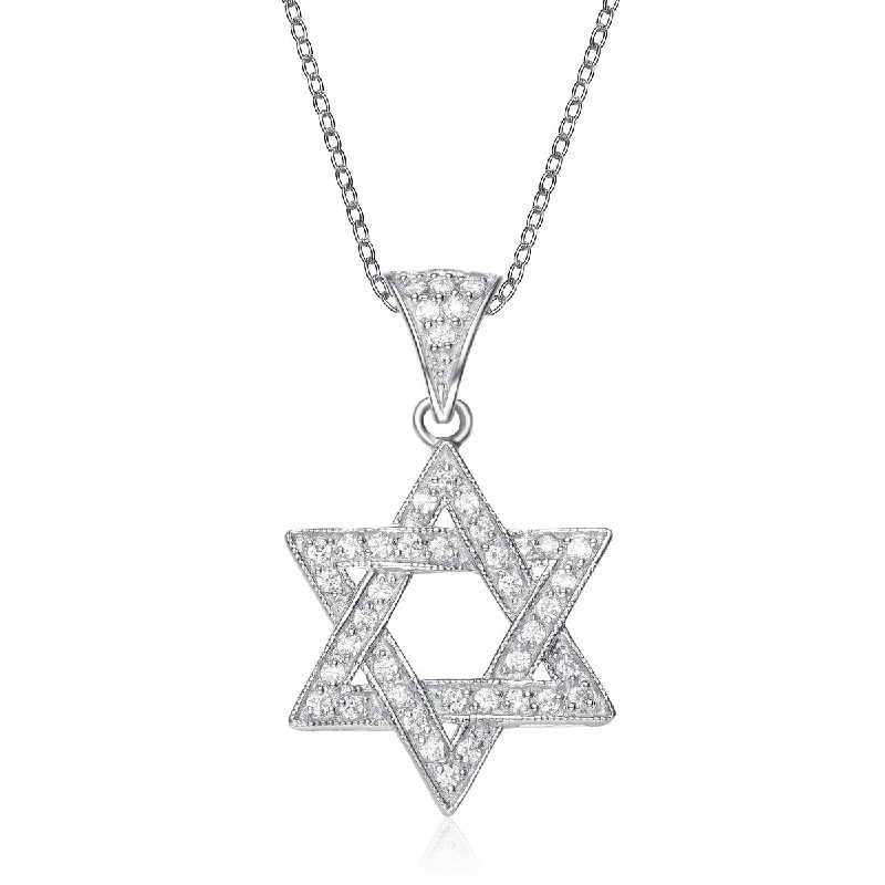 Cubic Zirconia Sterling Silver White Gold Plated Star Of David Drop Pendant