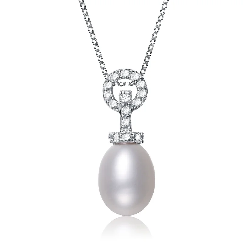 Cubic Zirconia Sterling Silver White Gold Plated Pearl Drop Pendant