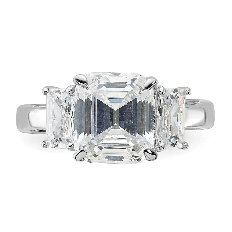 Curata 925 Sterling Silver Rhodium Plated Emerald cut CZ Cubic Zirconia 3 stone Ring