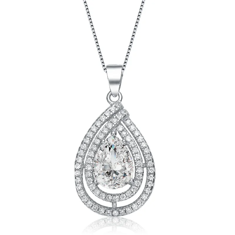 Cz .925 Sterling Silver Rhodium Plated Pear Shape Pendant