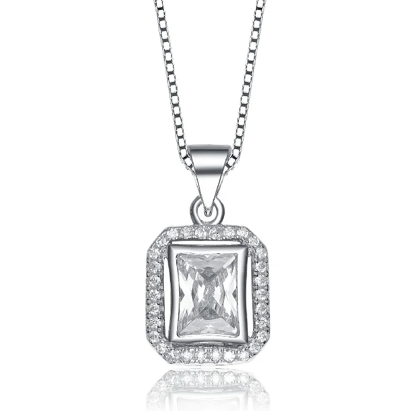 Cz .925 Sterling Silver Rhodium Plated Rectangle Pendant