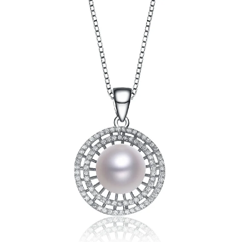 Cz .925 Sterling Silver Rhodium Plated Round Pearl Pendant