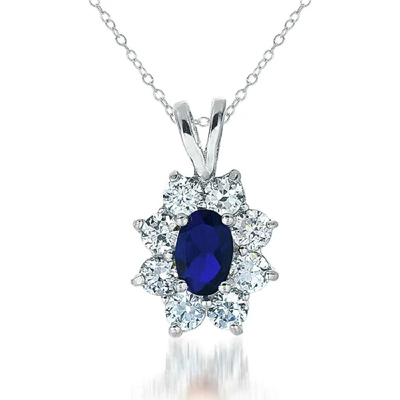 Cz .925 Sterling Silver Rhodium Plated Sapphire Flower Shape Drop Pendant