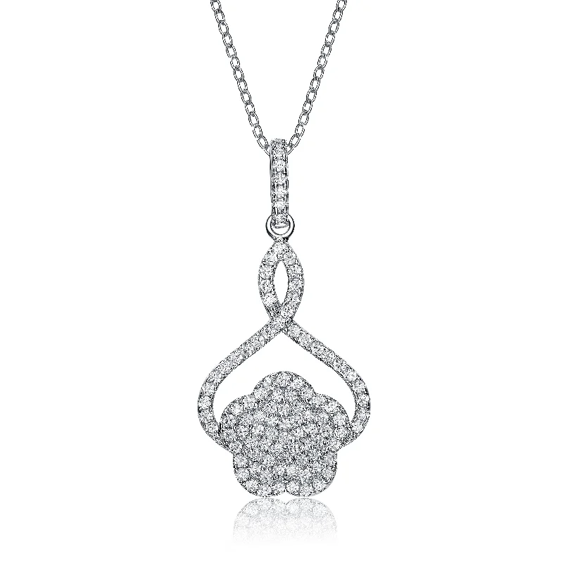 CZ SS Rhodium Plated Flower Shape Drop Pendant