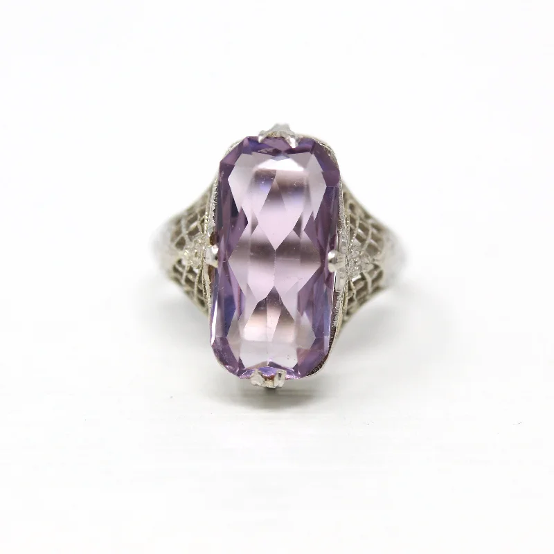 Genuine Amethyst Ring - Art Deco 18k White Gold 5.06 CT Gemstone Flower Filigree - Circa 1930s Era Size 5 3/4 Statement Fine 30s Jewelry