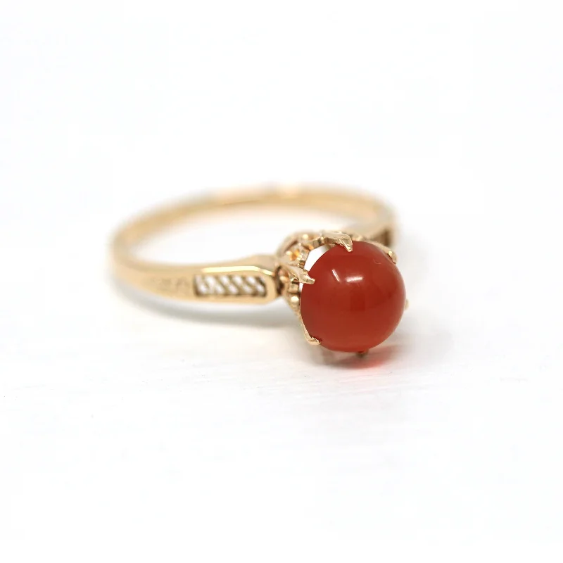 Genuine Carnelian Ring - Art Deco 10k Yellow Gold Cabochon Cut Gemstone Filigree - Vintage Circa 1930s Era Size 7 3/4 Fine A&S 30s Jewelry