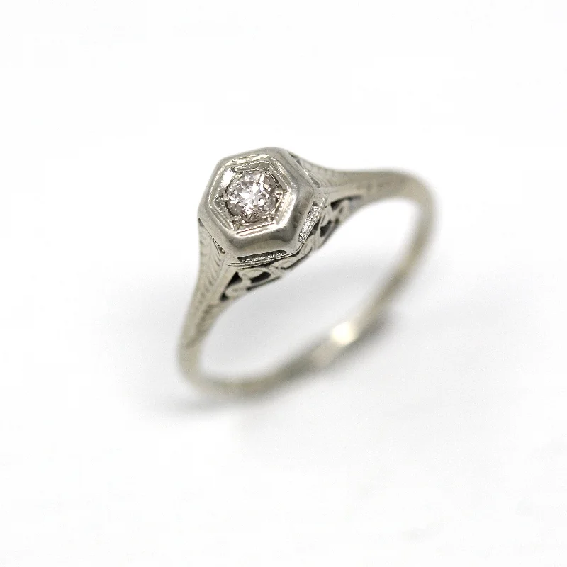 Sale - Genuine Diamond Ring - Art Deco 18k White Gold Genuine .08 CT Gem - Antique Circa 1920s Size 5.5 Filigree Wheat Design Fine Jewelry