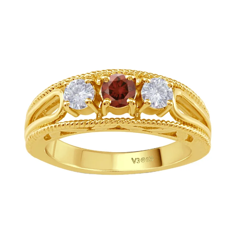 Gold Over Sterling Silver with Genuine Red Diamond and Moissanite Ring