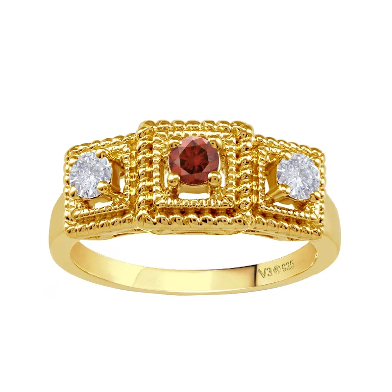 Gold Over Sterling Silver with Genuine Red Diamond and Moissanite Ring