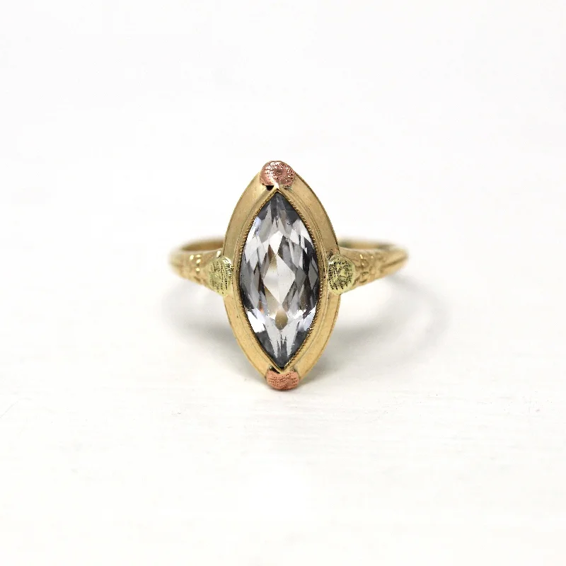 Marquise Cut Ring - Vintage 10k Yellow & Rose Gold Flower Created Spinel Statement - Retro Circa 1940s Size 5 1/4 Floral 40s Fine Jewelry