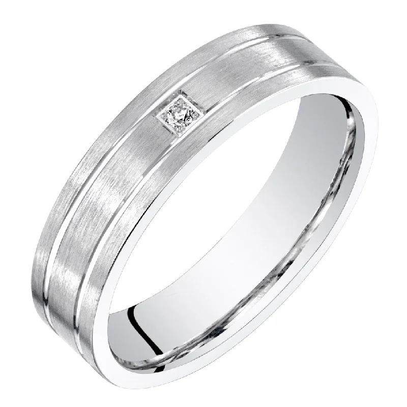 Mens 14k White Gold Genuine Diamond Wedding Ring 5mm