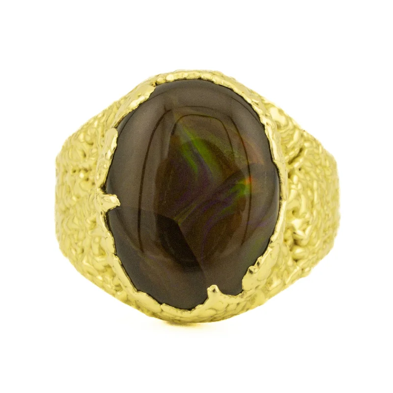 Men's Custom Fire Agate Solitaire Gemstone Ring in 18K Yellow Gold - Size 11.75