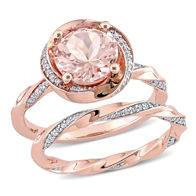 Miadora 10k Rose Gold Morganite and 3/8ct TDW Diamond Halo Swirl Bridal Ring Set