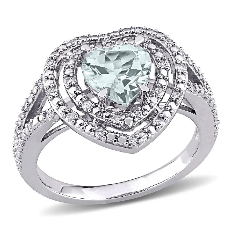 Miadora 10k White Gold Aquamarine and 1/5ct TDW Diamond Double Halo Heart Split Shank Ring