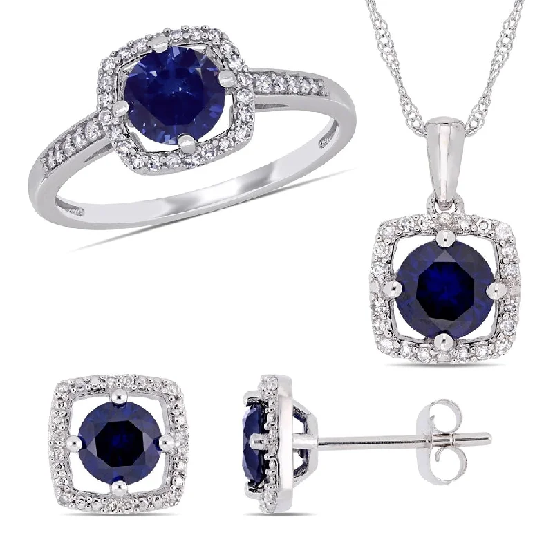 Miadora 10k White Gold Created Blue Sapphire and 1/3ct TDW Diamond Floating Halo Jewelry Set