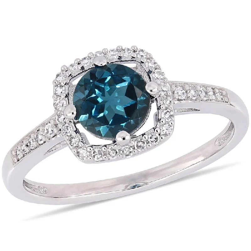 Miadora 10k White Gold Sky Blue Topaz and 1/7ct TDW Diamond Floating Square Halo Engagement Ring