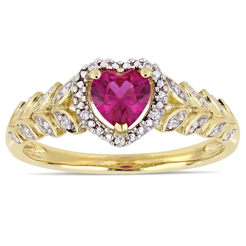 Miadora 10k Yellow Gold Created Ruby and Diamond Heart Halo Ring