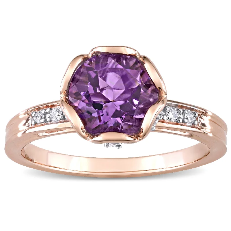 Miadora 14k Rose Gold Amethyst and 1/8ct TDW Diamond Solitaire Floral Ring