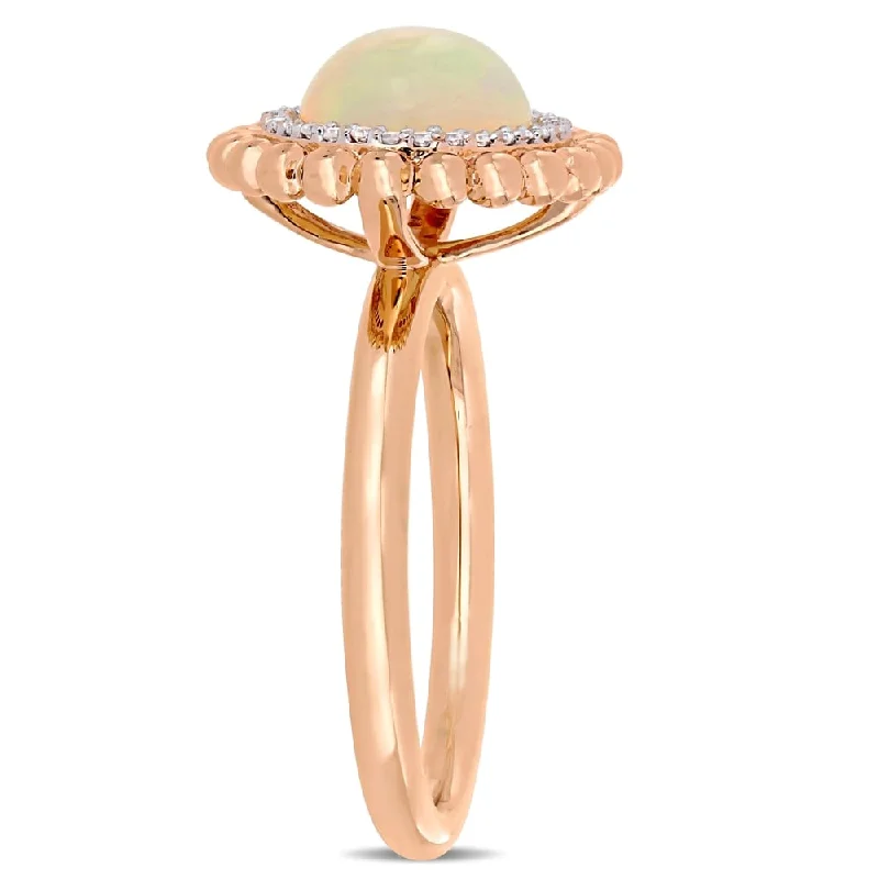 Miadora 14k Rose Gold Blue-Hued Ethiopian Opal and 1/10ct TDW Diamond Beaded Halo Cocktail Ring