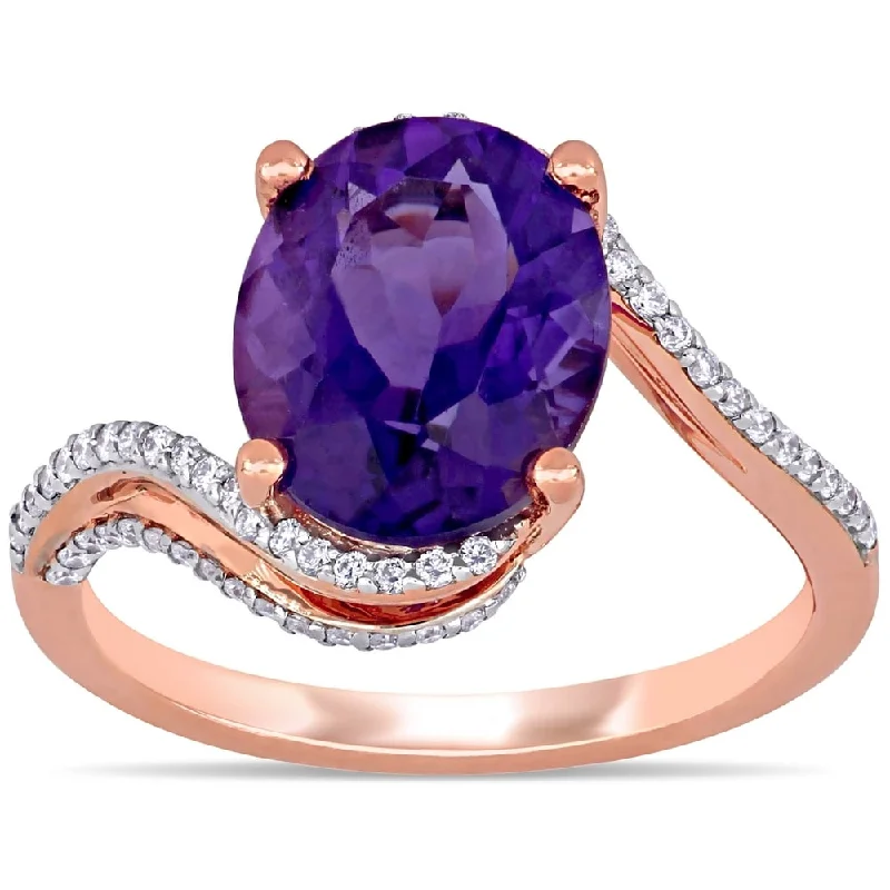 Miadora 14k Rose Gold Oval-Cut African-Amethyst and 1/3ct TDW Diamond Bypass Cocktail Ring