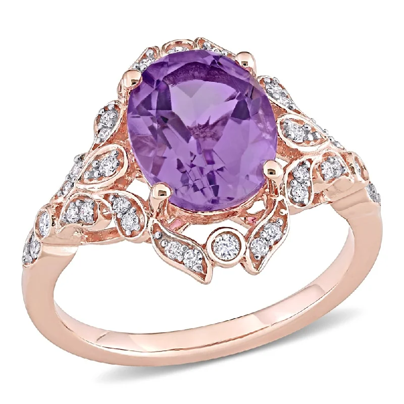 Miadora 14k Rose Gold Oval-cut Amethyst & 1/5ct TDW Diamond Vintage Floral Halo Cocktail Ring