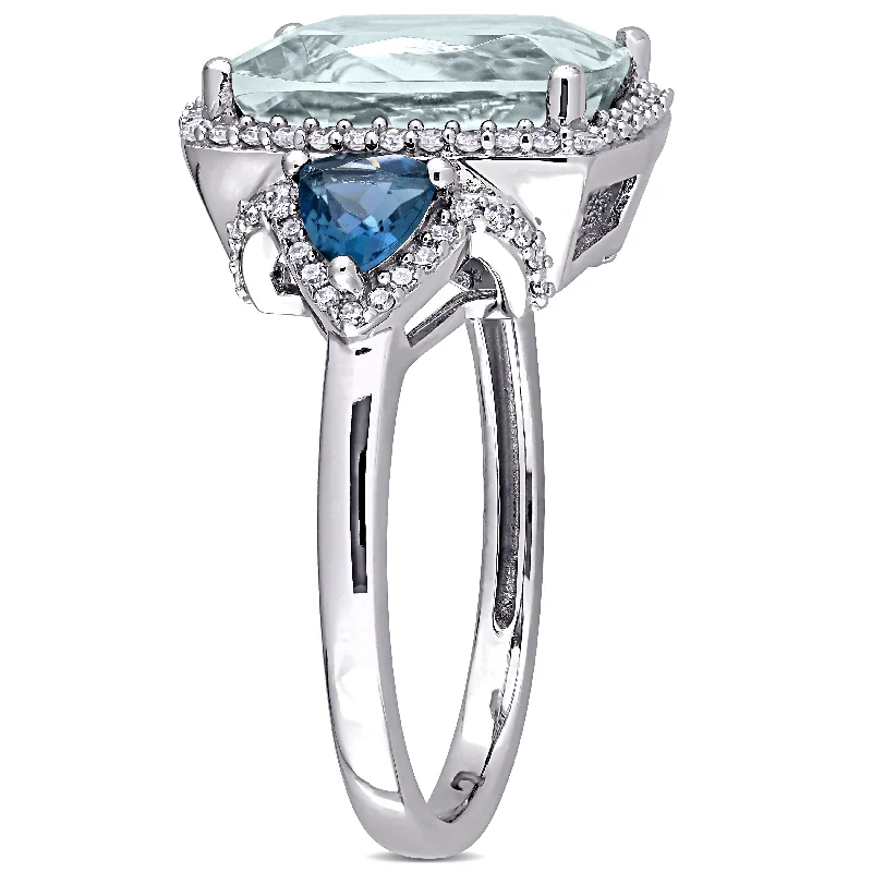 Miadora 14k White Gold Cushion Aquamarine, Blue Topaz and 1/3ct TDW Diamond Halo Cocktail Ring