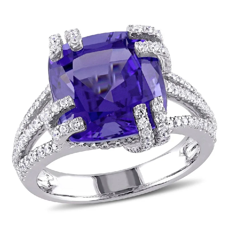 Miadora 14k White Gold Cushion-Cut Tanzanite and 3/4ct TDW Diamond Crossover Ring - Blue