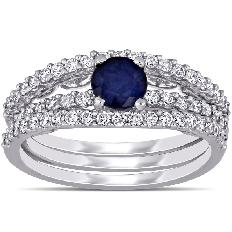 Miadora 14k White Gold Diffused Sapphire and 5/8ct TDW Diamond Bridal Ring Set