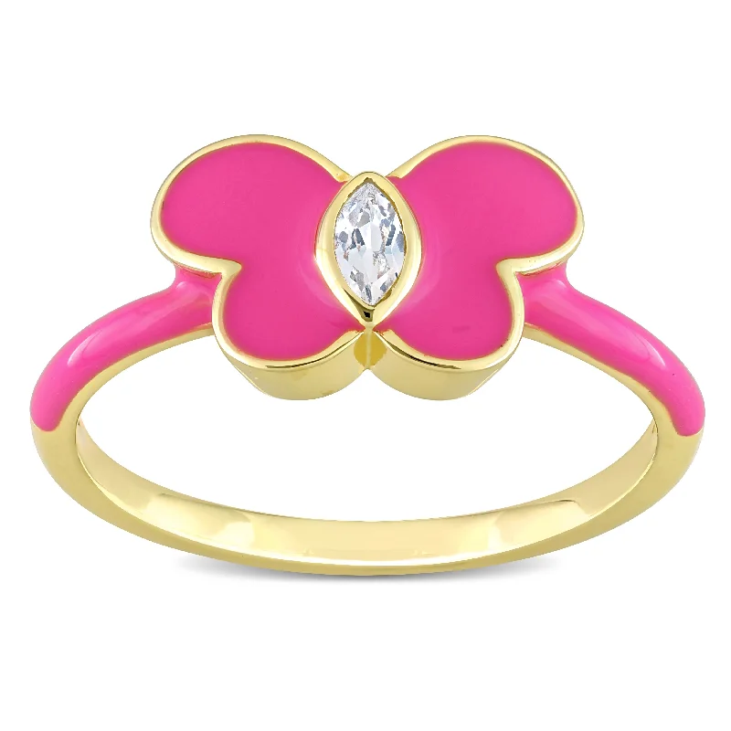 Miadora Created White Sapphire Butterfly Enamel Ring in Yellow Plated Sterling Silver