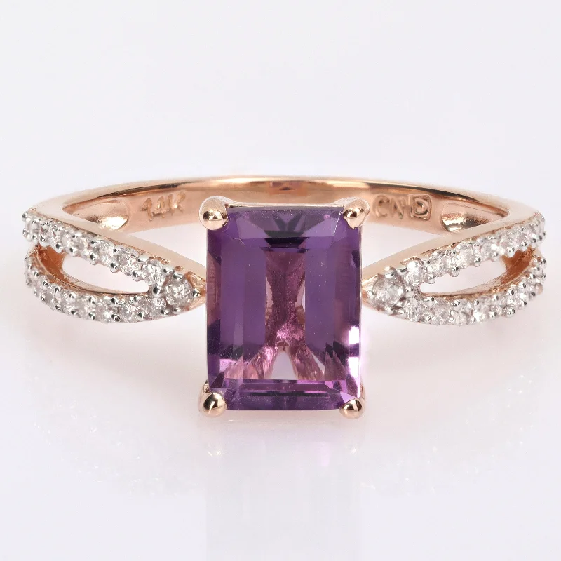 Miadora Octagon-cut Amethyst and 1/5ct TDW Diamond Split Shank Cocktail Ring in 14k Rose Gold