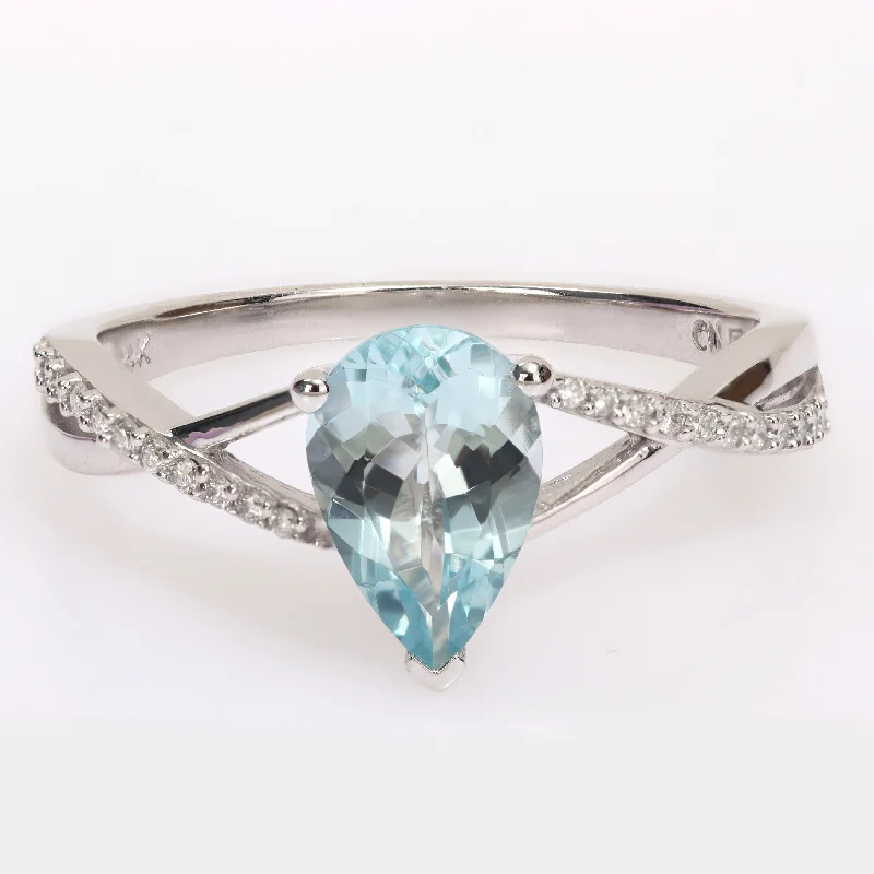 Miadora Pear-Cut Aquamarine & 1/10ct TDW Diamond Crossover Teardrop Cocktail Ring in 14k White Gold