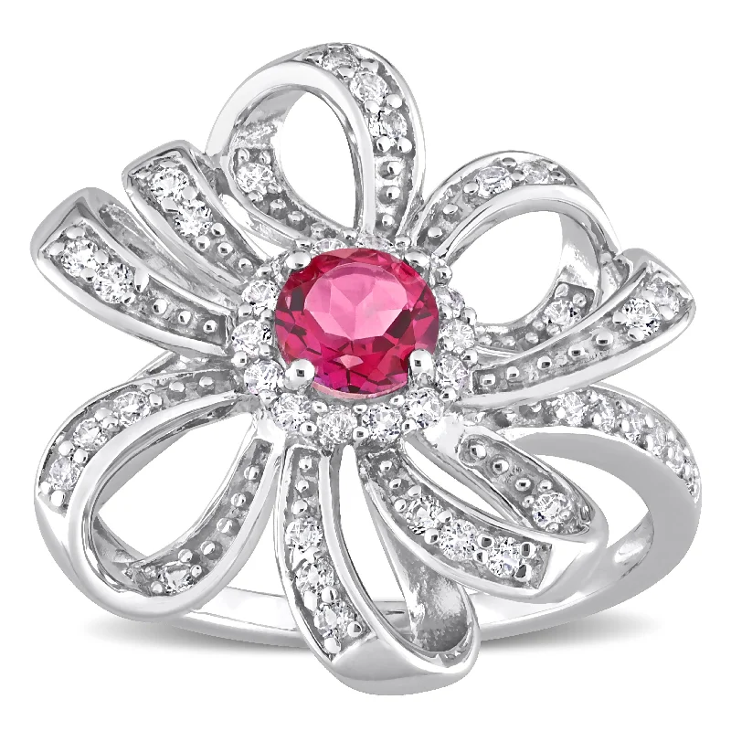 Miadora Pink and White Topaz Floral Cluster Ring in Sterling Silver