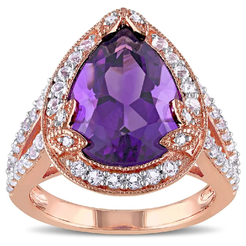 Miadora Rose Plated Silver Amethyst and White Topaz and Diamond Accent Halo Cocktail Ring - Purple