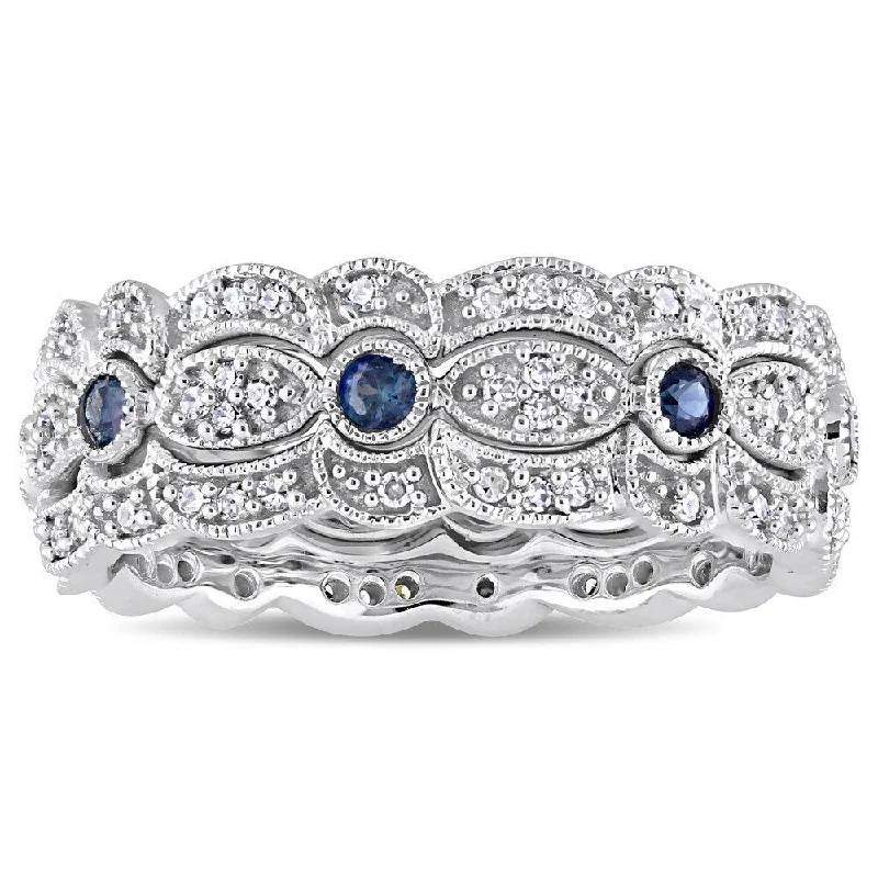 Miadora Signature Collection 14k White Gold Sapphire and 2/5ct TDW Diamond Milgrain Filigree 3-Piece Stacking Ring Set - Blue