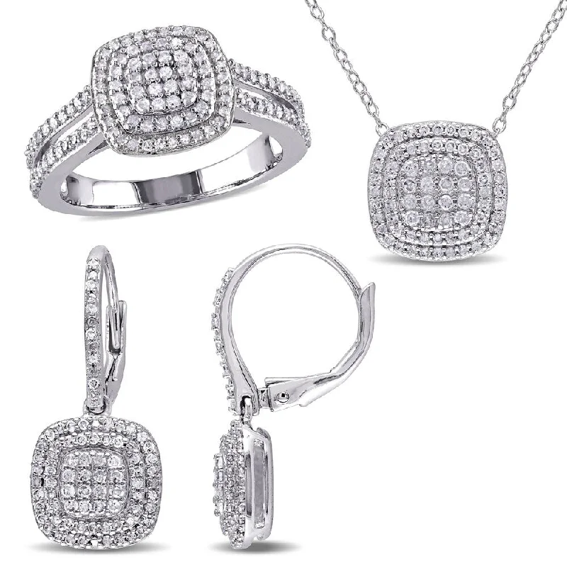 Miadora Sterling Silver 1 1/2ct TDW Diamond Clustered Halo Jewelry Set