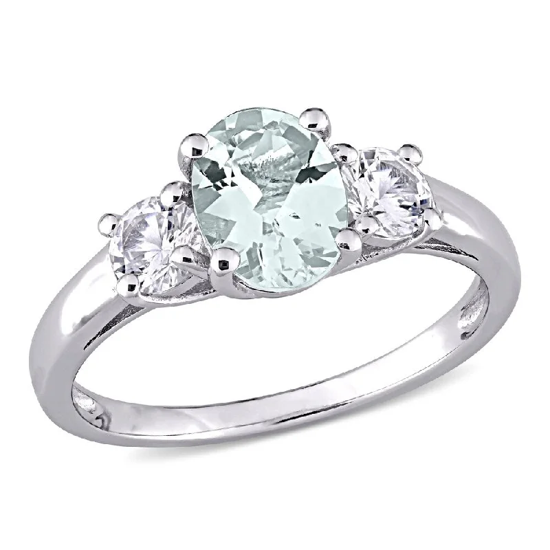 Miadora Sterling Silver Aquamarine and Created White Sapphire 3-stone Ring