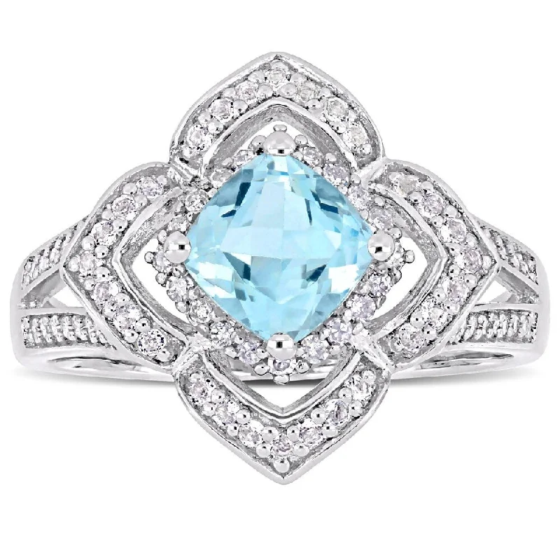 Miadora Sterling Silver Blue Topaz White Topaz & 1/5ct TDW Diamond Floral Halo Ring