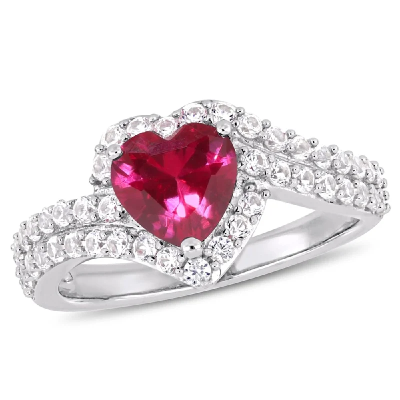 Miadora Sterling Silver Created Ruby and Created White Sapphire Heart Halo Ring