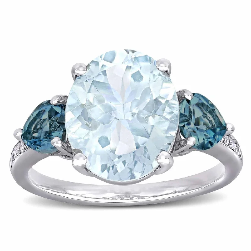 Miadora Sterling Silver Multi-Cut Ice Aquamarine London Blue Topaz and Diamond 3-Stone Cocktail Ring