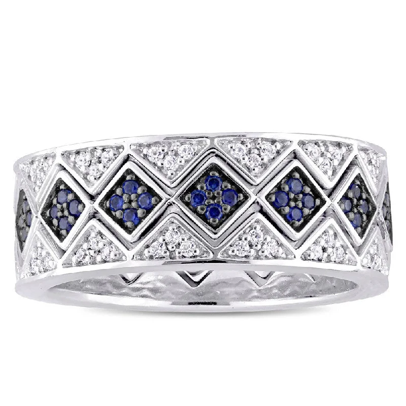 Miadora Sterling Silver with Black Rhodium Created Blue and White Sapphire Geometric Stackable Ring