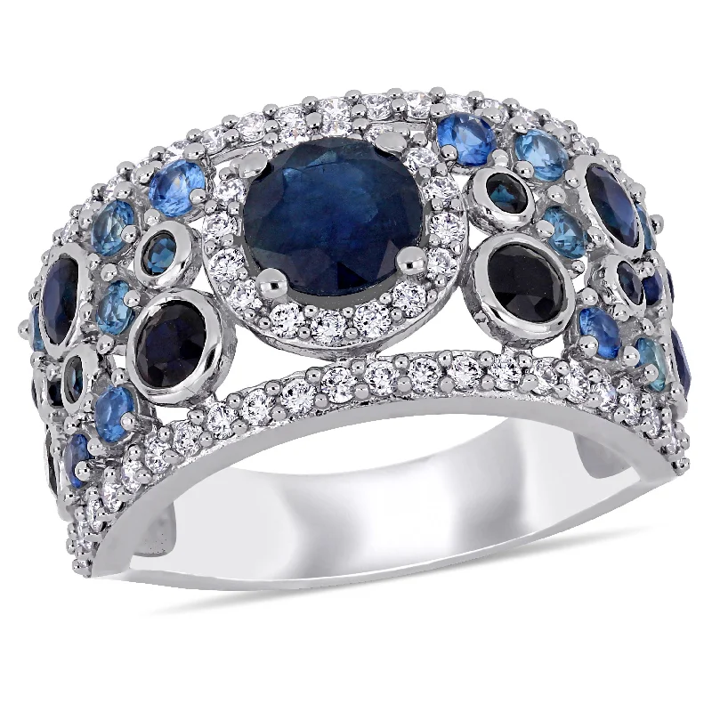 Mimi & Max 2 5/8ct TGW Sapphire and 1/2ct TW Diamond Halo Cluster Ring in 14k White Gold