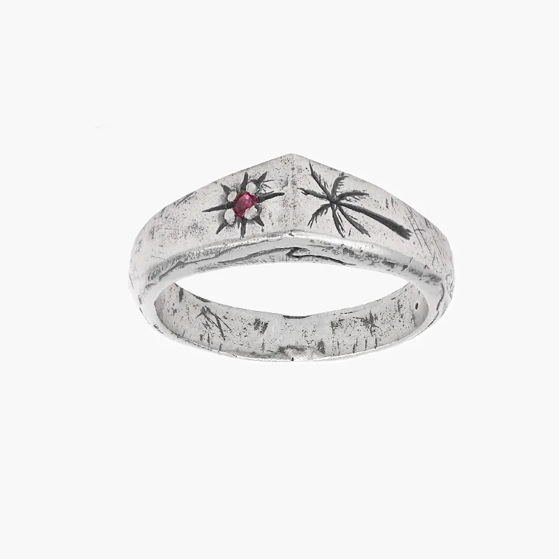 Palm Tree And Garnet Gemstone Sterling Silver Ring