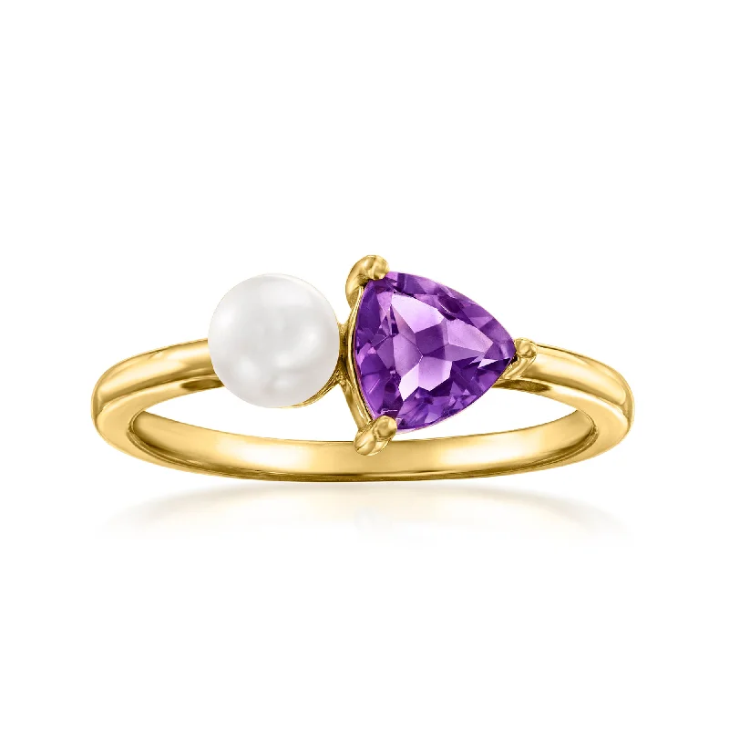 Ross-Simons 5mm Cultured Pearl and . Amethyst Toi Et Moi Ring in 14kt Yellow Gold